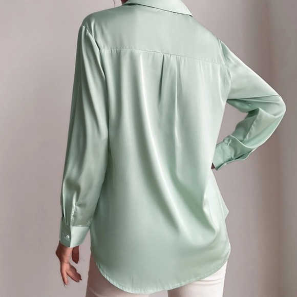 Satin silky button up collared shirt sage green - Picture 10 of 12